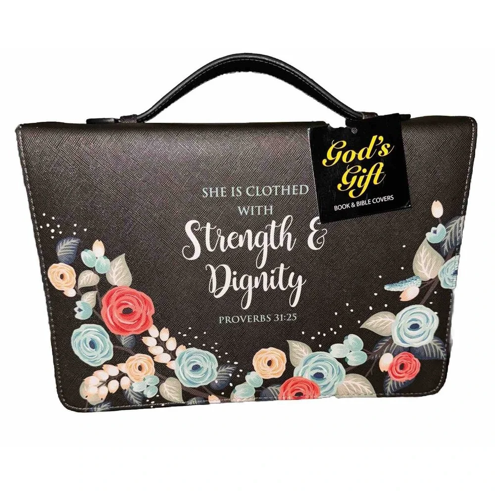 God's Gift Bible Book Cover Carry Case Black Floral Strength & Dignity 8x11 NWT